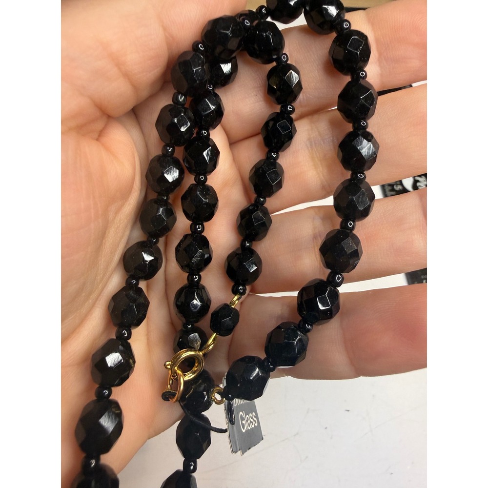 Bohemian Glass Faceted Black Bead Necklace Gold Tone Clasp 17 Inch